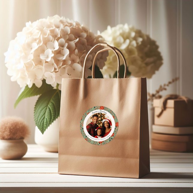 Pegatina Redonda Modern Sage Green Poinsettia Botanical Christmas (Poinsettia Season Round Christmas Photo Sticker sage green)