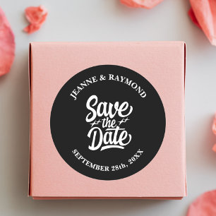 Pegatina Redonda Modern Save The Date Black Boda Invitación
