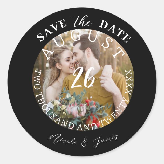 Pegatina Redonda Modern Save the Date Photo Picture Boda (Anverso)