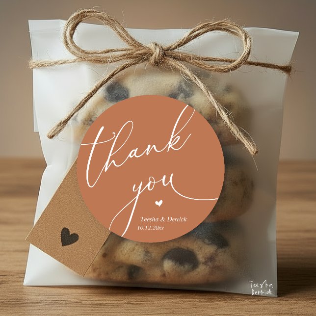Pegatina Redonda Modern Wedding Minimal Thank You Cute Heart Gifts (Modern Wedding Minimal Thank You Cute Cute Little Heart Gifts Classic Round Sticker in Copper Brown)