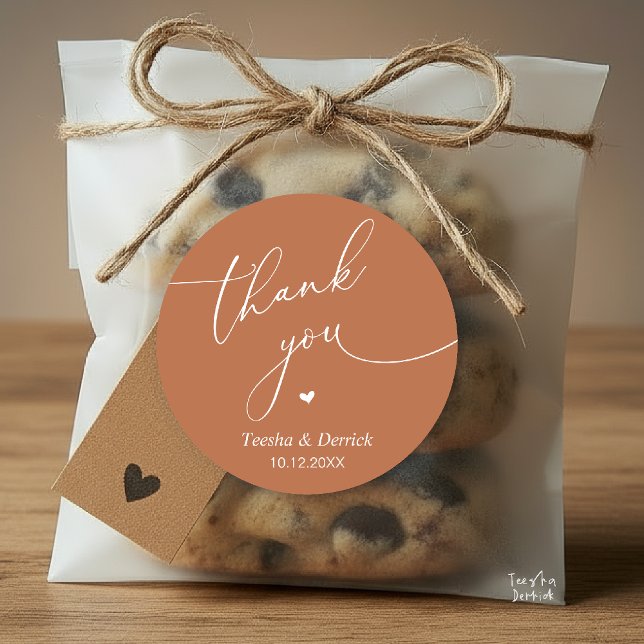 Pegatina Redonda Modern Wedding Minimal Thank You Cute Heart Gifts (Modern Wedding Minimal Thank You Cute Cute Little Heart Gifts Classic Round Sticker in Copper Brown)