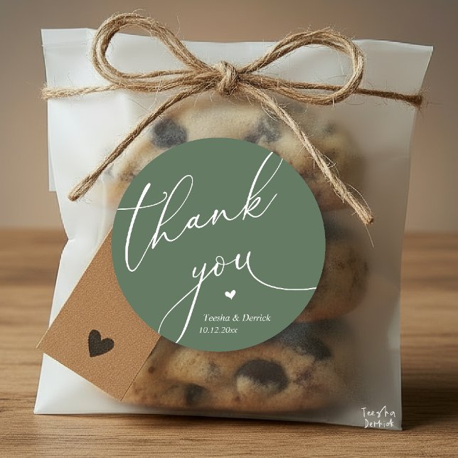 Pegatina Redonda Modern Wedding Minimal Thank You Cute Heart Gifts (Modern Wedding Minimal Thank You Cute Cute Little Heart Gifts Classic Round Sticker in Sage Green)