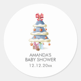 Pegatina Redonda Modern Winter Bow Christmas Tree Baby Shower 