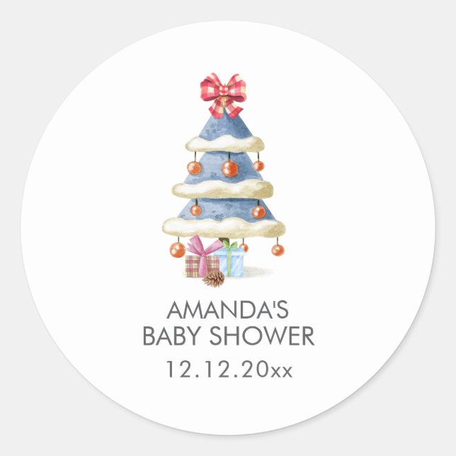 Pegatina Redonda Modern Winter Bow Christmas Tree Baby Shower  (Anverso)