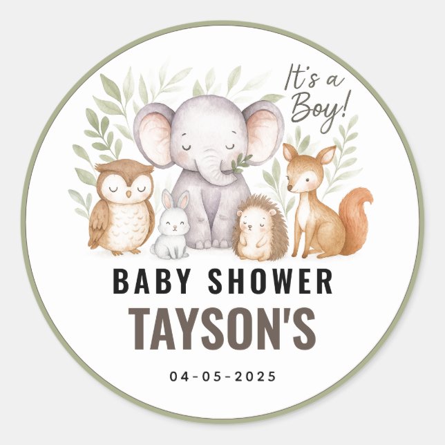 Pegatina Redonda Modern Woodland Animals Forest Boy Baby Shower (Anverso)