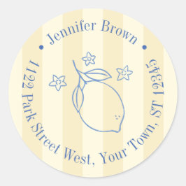 Pegatina Redonda Modern Yellow And Blue Lemon Bridal Shower