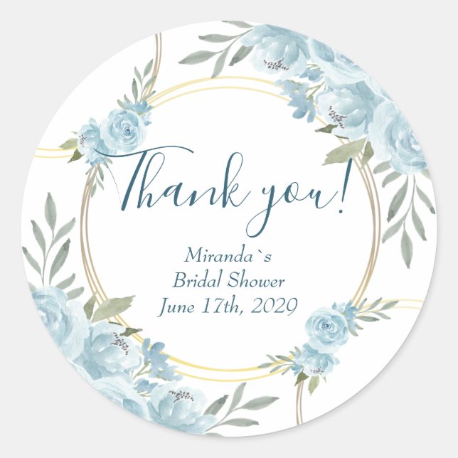 Pegatina Redonda Moderna acuarela azul Floral Bridal Shower (Anverso)