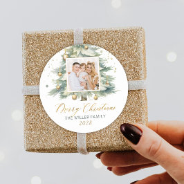 Pegatina Redonda Moderna acuarela Gold Script Árbol de Navidad