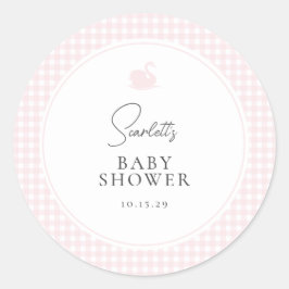 Pegatina Redonda Moderna Baby Shower de Gingham Rosada