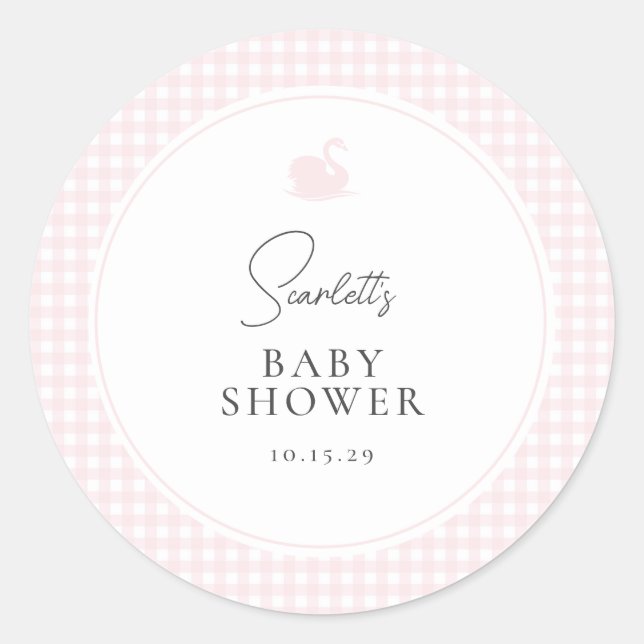 Pegatina Redonda Moderna Baby Shower de Gingham Rosada (Anverso)