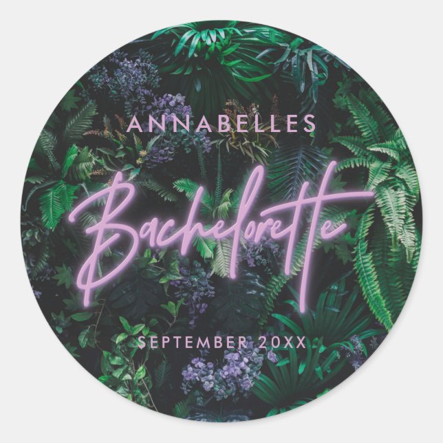 Pegatina Redonda Moderna bachelorette de neón violeta y brillante (Anverso)