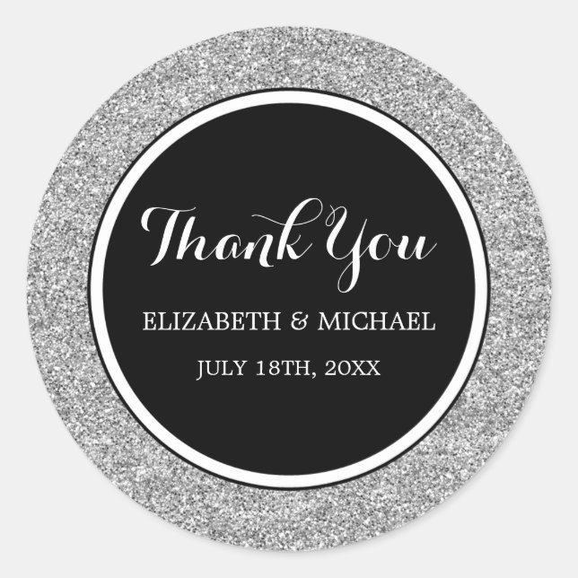 Pegatina Redonda Moderna Boda de Black Faux Silver Purpurina Gracia (Anverso)