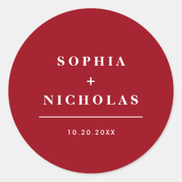 Pegatina Redonda Moderna Boda Elegante Mínima Roja y Blanca