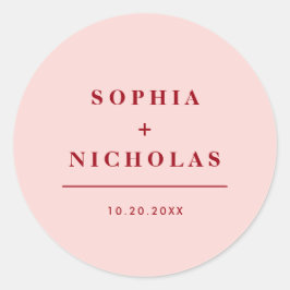 Pegatina Redonda Moderna Boda Elegante Mínima Rosa y Roja