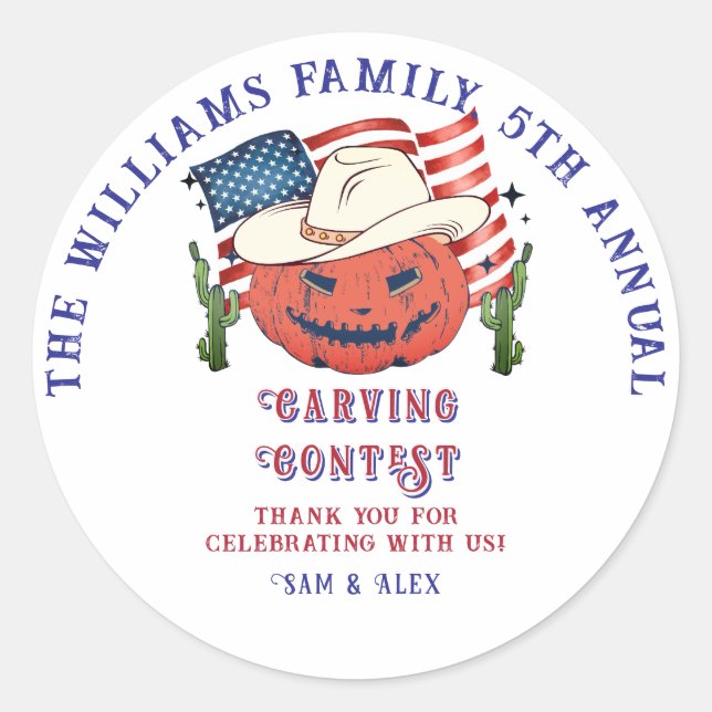 Pegatina Redonda Moderna Calabaza Patriótica Mostrando Halloween (Anverso)