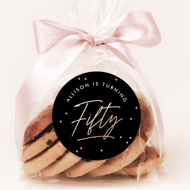 Pegatina Redonda Moderna caligrafía de oro negro 50 cumpleaños (Subido por el creador)