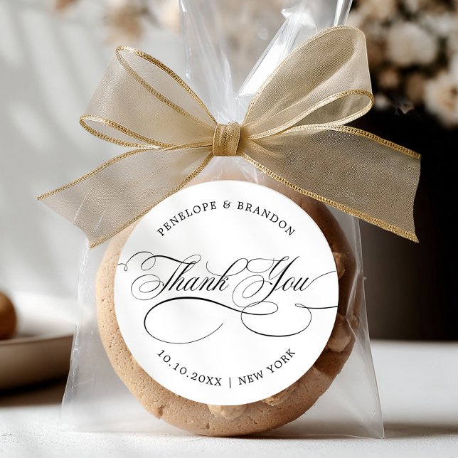 Pegatina Redonda Moderna caligrafía tiempo boda negro gracias (Modern calligraphy timeless black wedding thank you classic round sticker)