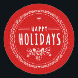 Pegatina Redonda Moderna Feliz Navidad Vuelta Red Christmas Sticker<br><div class="desc">Una forma bonito de vestir sus sobres, añada esta versátil etiqueta de círculo de Navidades de "Felices Fiestas" a sus tarjetas de Navidades y saludos. Con una tipografía moderna y elementos pintados a mano con una temática vintage, esta encantadora pegatina navideña presenta una florida melancolía, pinos, copos de nieve y...</div>