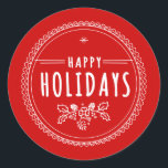Pegatina Redonda Moderna Feliz Navidad Vuelta Red Christmas Sticker<br><div class="desc">Una forma bonito de vestir sus sobres, añada esta versátil etiqueta de círculo de Navidades de "Felices Fiestas" a sus tarjetas de Navidades y saludos. Con una tipografía moderna y elementos pintados a mano con una temática vintage, esta encantadora pegatina navideña presenta una florida melancolía, pinos, copos de nieve y...</div>