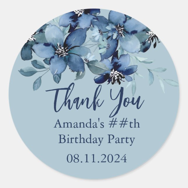 Pegatina Redonda Moderna fiesta de cumpleaños floral azul oscuro gr (Anverso)
