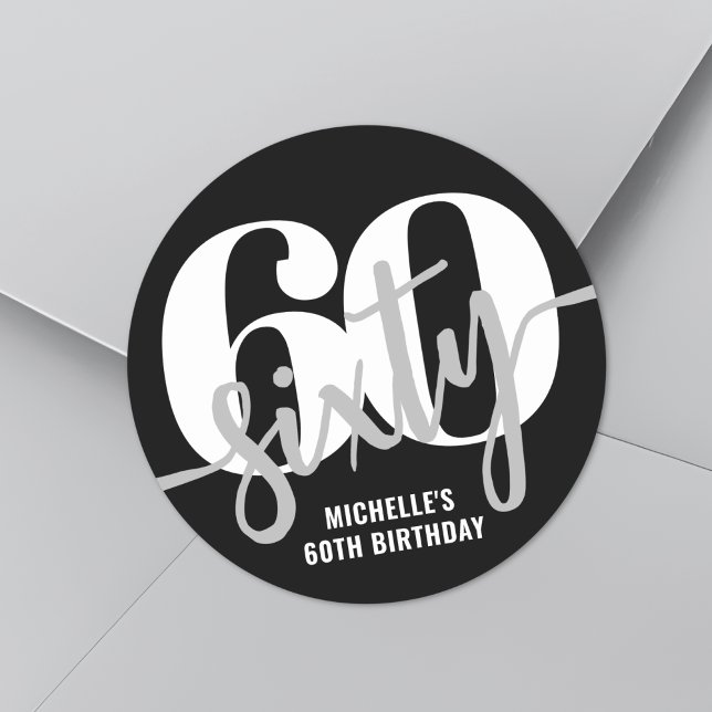 Pegatina Redonda Moderna fiesta de cumpleaños número 60 negra (Modern Black 60th Birthday Party Classic Round Sticker)
