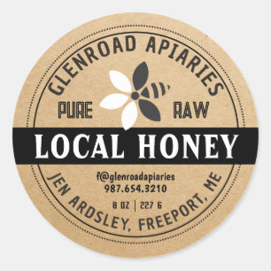Pegatina Redonda Moderna Flor Estilizada Con Miel Bee Kraft Negro