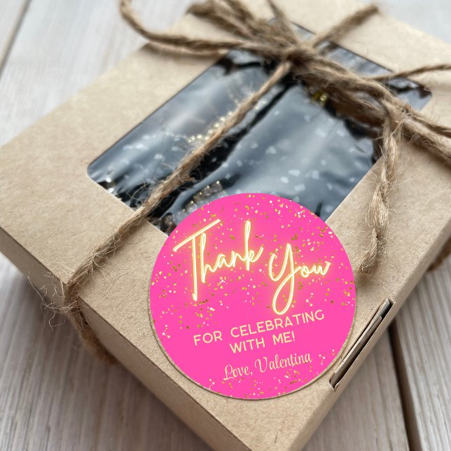 Pegatina Redonda Moderna Girly Hot Pink Neon Glow Gracias Script (Subido por el creador)