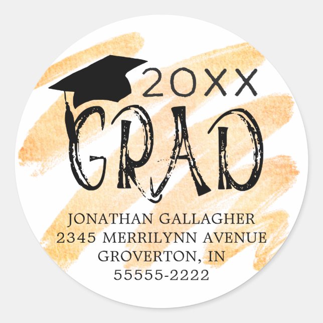 Pegatina Redonda Moderna Graduación Naranja negro Dirección de reto (Anverso)