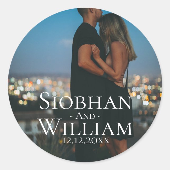 Pegatina Redonda Moderna Guardar La Foto Personalizada De La Fecha (Anverso)