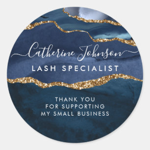 Pegatina Redonda Moderna Marina Blue Gold Agate Geode Script Gracia