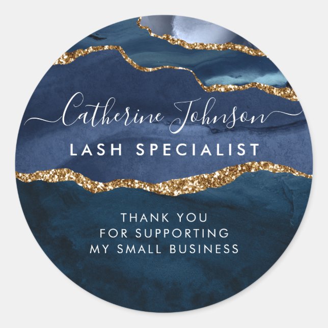 Pegatina Redonda Moderna Marina Blue Gold Agate Geode Script Gracia (Anverso)