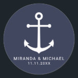 Pegatina Redonda Moderna Marina Náutica Anclaje Azul Favor De Boda<br><div class="desc">Moderno Pegatina de la Marina Náutica Azul Anchor Wedding Favor de la Boda Minimalista con ancla blanca y nombre personalizado de la novia y el novio con fecha boda en blanco moderno sans serif estilo de letra sobre fondo azul marino. Perfecto para bodas náuticos, boda con temática playera y más....</div>