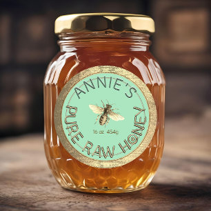 Pegatina Redonda Moderna Miel cruda pura Abeja Marco dorado Azul ci