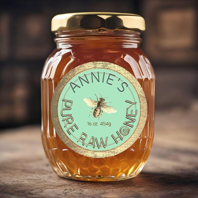 Pegatina Redonda Moderna Miel cruda pura Abeja Marco dorado Azul ci (Subido por el creador)