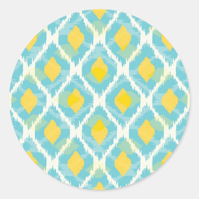 Pegatina Redonda Moderna moda tribal ikat amarillo azul (Anverso)