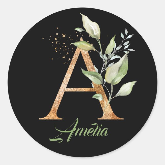 Pegatina Redonda Moderna moda Un monograma verde y Relieve metaliza (Anverso)