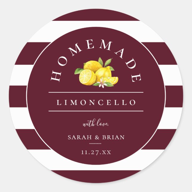 Pegatina Redonda Moderna raya de Limoncello Borgoña (Anverso)