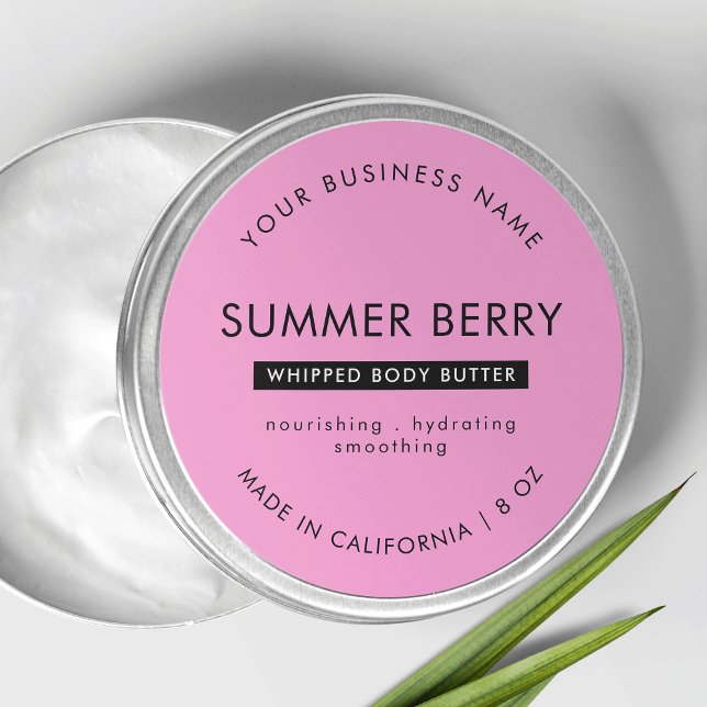 Pegatina Redonda Moderna Tapa de jarra de mantequilla rosa y negro  (Modern Pink & Black Body Butter Cosmetic Jar Lid Classic Round Sticker)