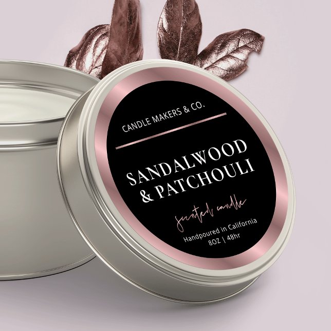 Pegatina Redonda Moderna tapa de jarra dorada negra y Rosa (Black and rose gold round product stickers for candle tin or jar lids)