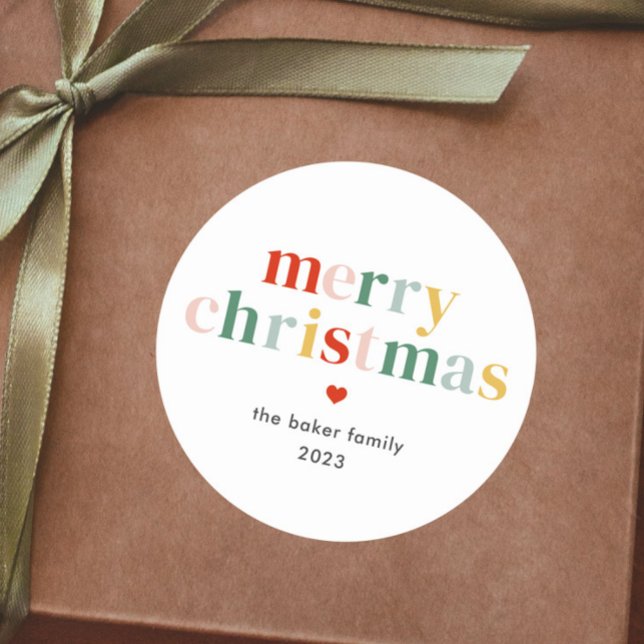Pegatina Redonda Moderna y colorida Navidad Feliz (Colorful modern merry christmas gift tag sticker.)