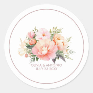Pegatina Redonda Moderna y elegante acuarela Peonies Boda blanco
