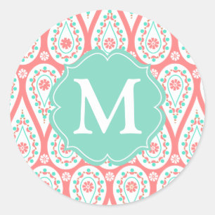 Pegatina Redonda Moderna y elegante Damask Coral Paisley Personaliz