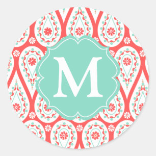 Pegatina Redonda Moderna y elegante Damask Coral Paisley Personaliz