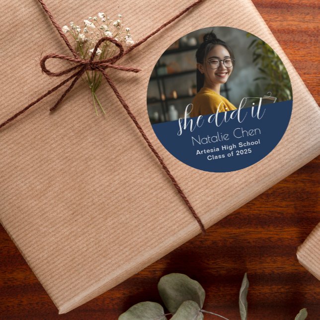 Pegatina Redonda Moderna y elegante graduación de fotos azules (Subido por el creador)