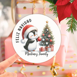 Pegatina Redonda Moderna y elegante Navidad pingüino castellano fel