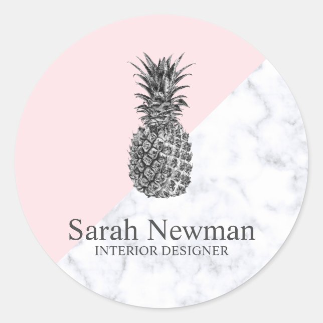Pegatina Redonda Moderna y elegante piña plateada rosa (Anverso)
