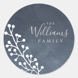 Pegatina Redonda Modernas bayas blancas con Navidades azul oscuro