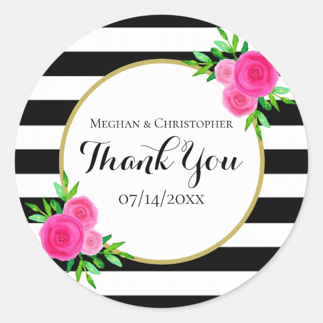 Pegatina Redonda Moderno acuarela Bandas Florales Boda Gracias (Anverso)