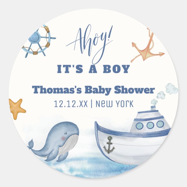 Pegatina Redonda Moderno Ahoy Boy Whale Sailboat Baby Shower (Anverso)