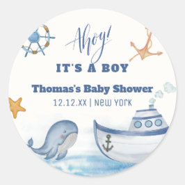 Pegatina Redonda Moderno Ahoy Boy Whale Sailboat Baby Shower